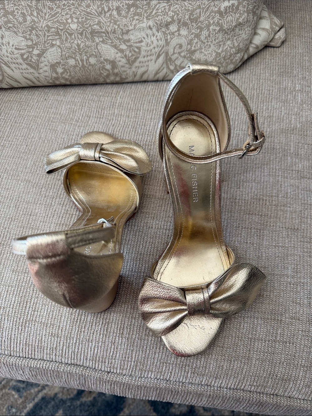 Marc Fisher Metallic Gold Bow Ankle-Strap Heels